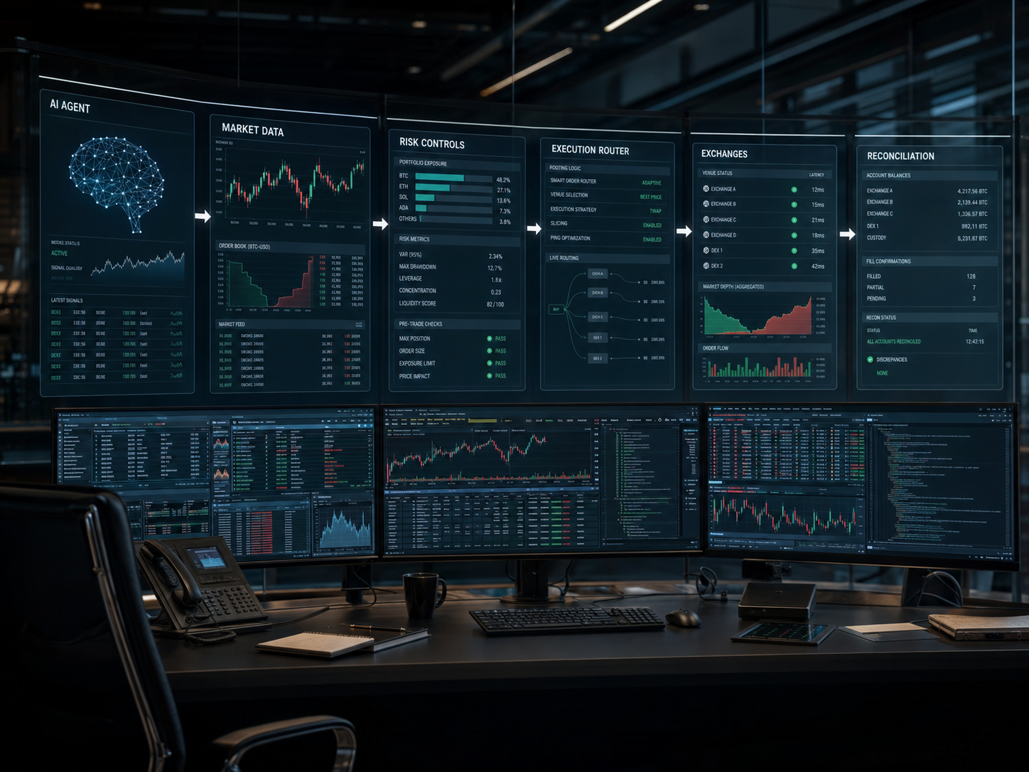 AI agents versus crypto trading bots diagram showing autonomous trading infrastructure, market data, risk controls, exchange routing, and execution reconciliation.